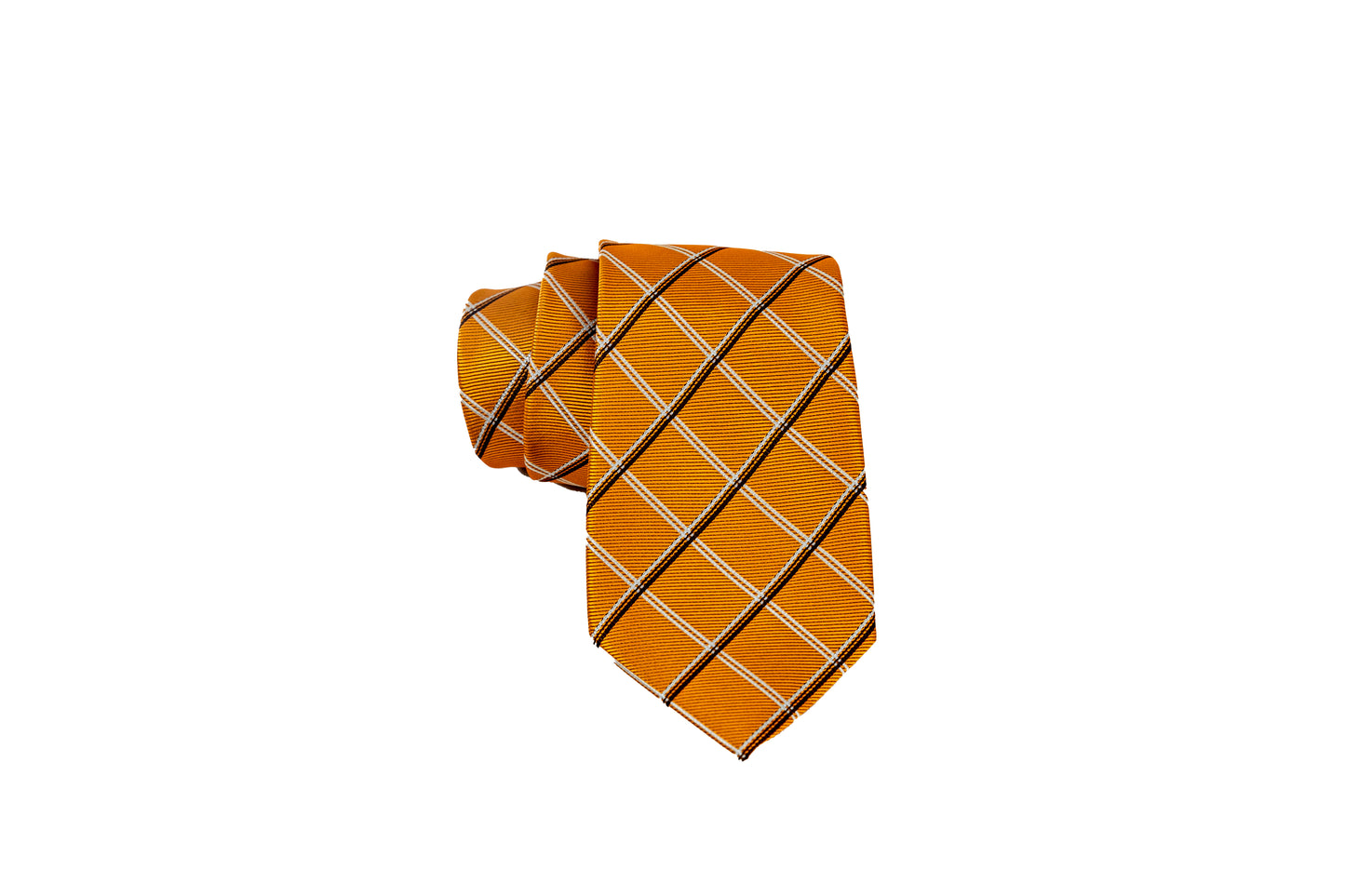 Gold silk Tie Set with White and Black Diagonal Lines