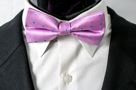 Pink Silk Pretied Bow Tie W/ Small Blue Dots