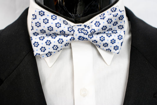 White and Blue silk Pretied Bow Tie