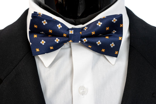 Navy Blue, white, orange Silk Pretied Bow Tie