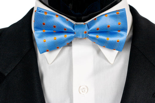 Light Blue, Orange Dots Silk Pretied Bow Tie