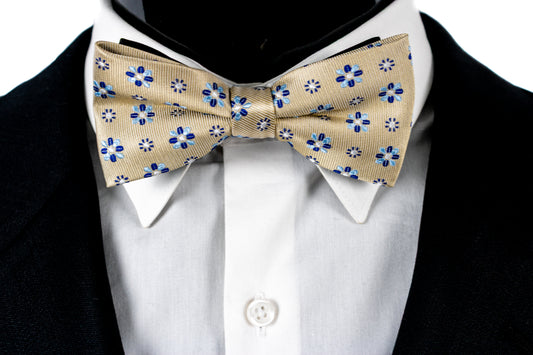 Tan, white and Blue Silk Pretied Bow Tie