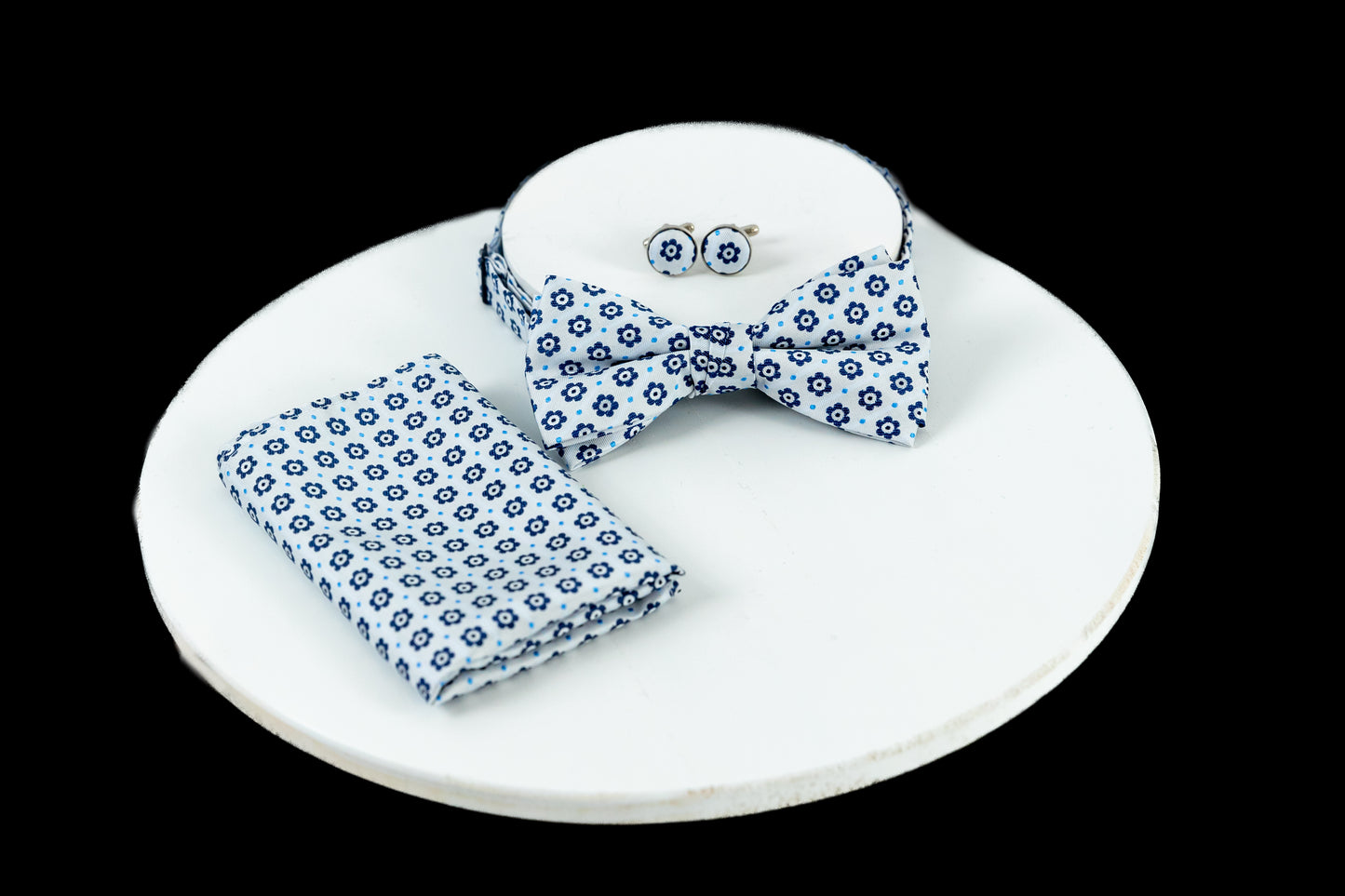 White and Blue silk Pretied Bow Tie