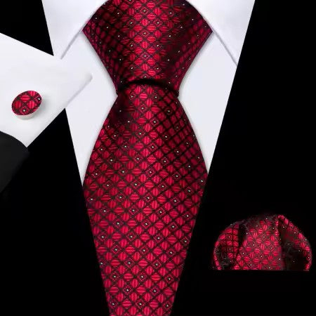 63-inch burgundy red geometric silk tie with matching pocket square and cufflinks.”