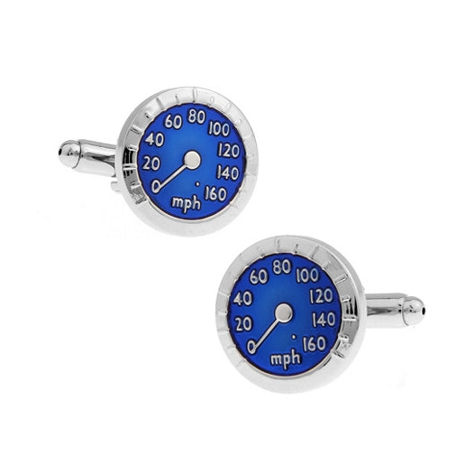 Silver round faced cufflinks with blue speedometer dial