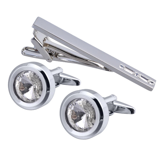 Silver & Clear Crystal Cufflink set with Matching Tie Pin