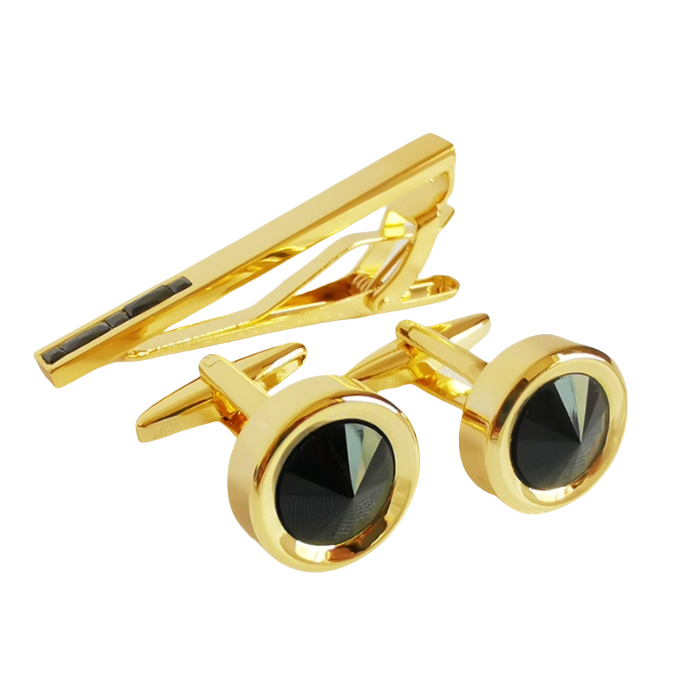 Gold Cufflink Set Black Crystal Inlay & Matching Tie Pin