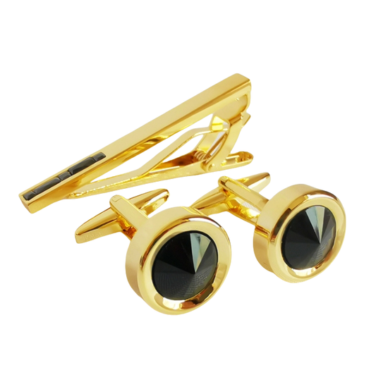 Gold Cufflink Set Black Crystal Inlay & Matching Tie Pin