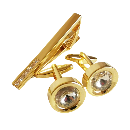 Gold Cufflink Set with Clear Crystal Inlay & Matching Tie Pin