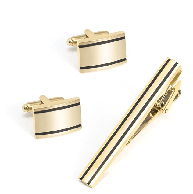 Soft Gold Cufflink Set with Two Black Inlays & Matching Tie Pin