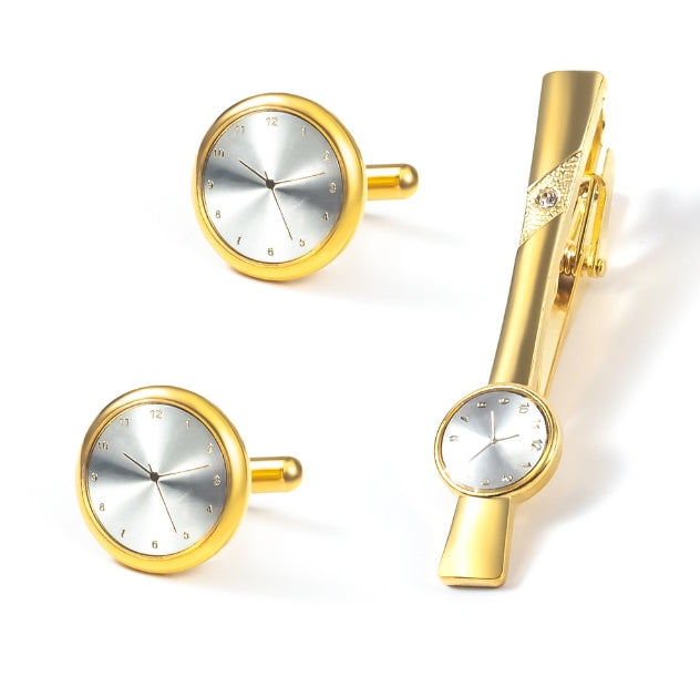 Gold Clock Face Cufflink Set with Matching Tie Pin