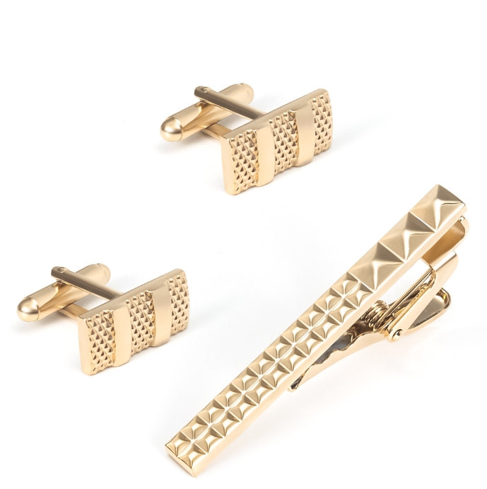 Rectangular Texture Gold Cufflink Set with Matching Tie Pin