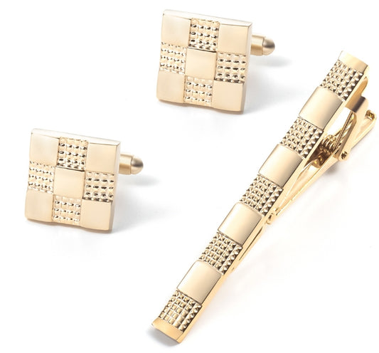 Gold Square Texture Cufflink Set with Matching Tie Pin