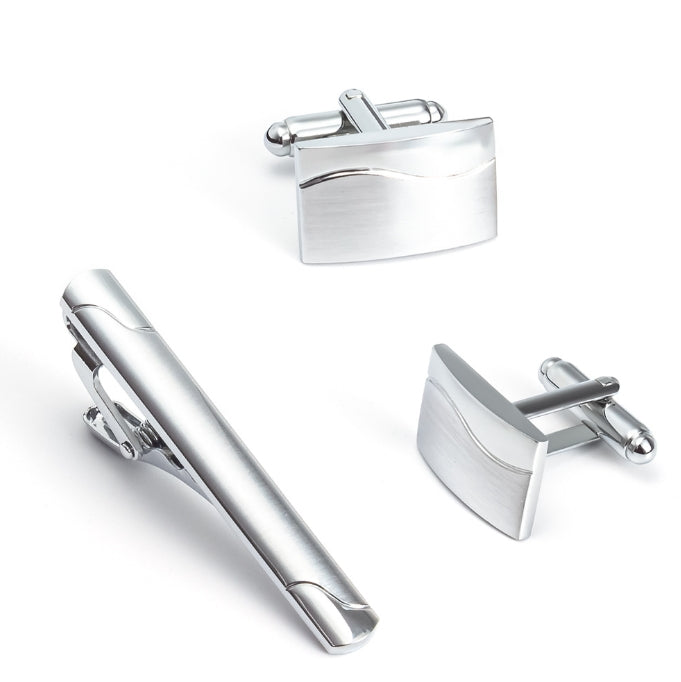 Silver Rectangular Cufflink Set with a soft curve design & Matching Tie Pin