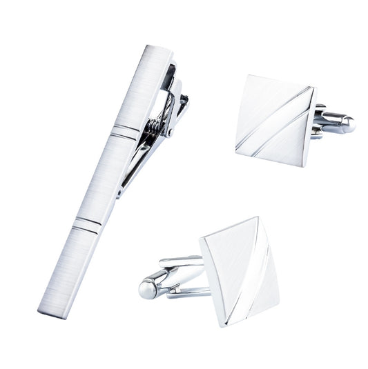 Silver Square Cufflink Set with Double lines & Matching Tie Pin