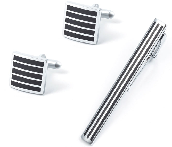 Silver Square Cufflinks Set with Five Black Lines of Inlay & Matching Tie Pin