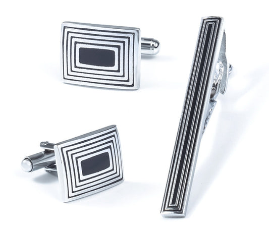 Silver Rectangular Cufflink Set with Black Inlay Design & Matching Tie Pin