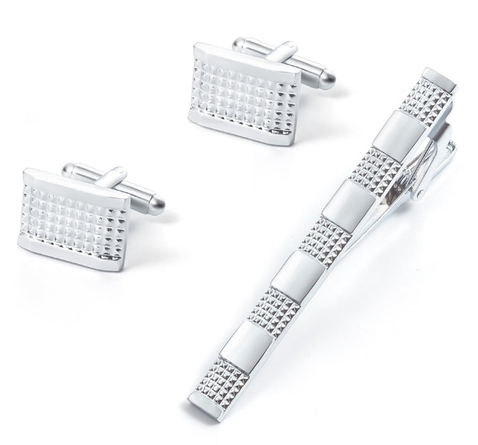 Silver Texture Rectangular Cufflink Set with Matching Tie Pin