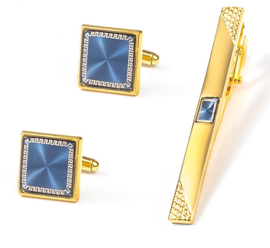 Gold Square Cufflink Set with a blue design Inlay & Matching Tie Pin