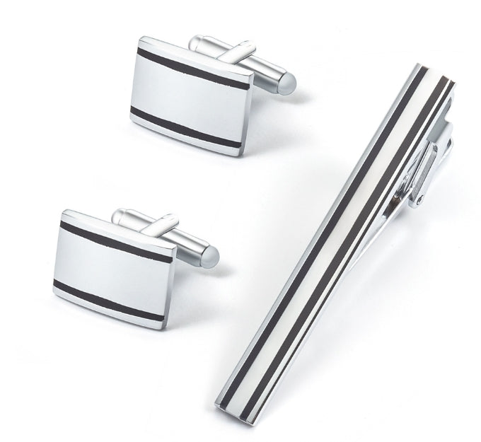 Soft Sliver Rectangular Cufflink Set with Two Black Inlay lines & Matching Tie Pin