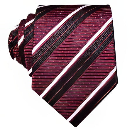 Burgundy Silk Tie with Thin Black & White stripes