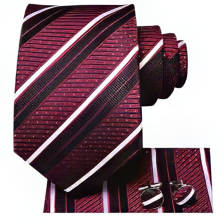 Burgundy Silk Tie with Thin Black & White stripes