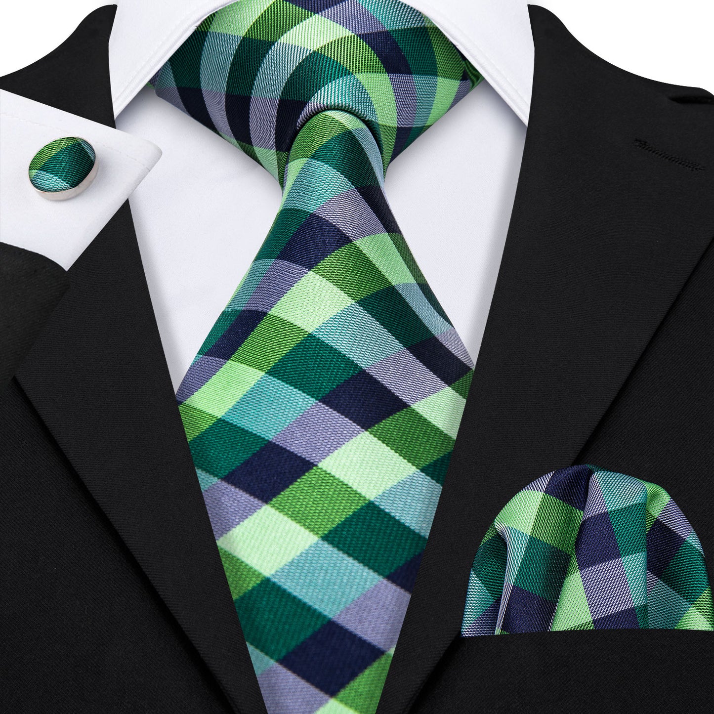 “63-inch green, navy, and light blue checker silk tie set with matching pocket square and cufflinks.”