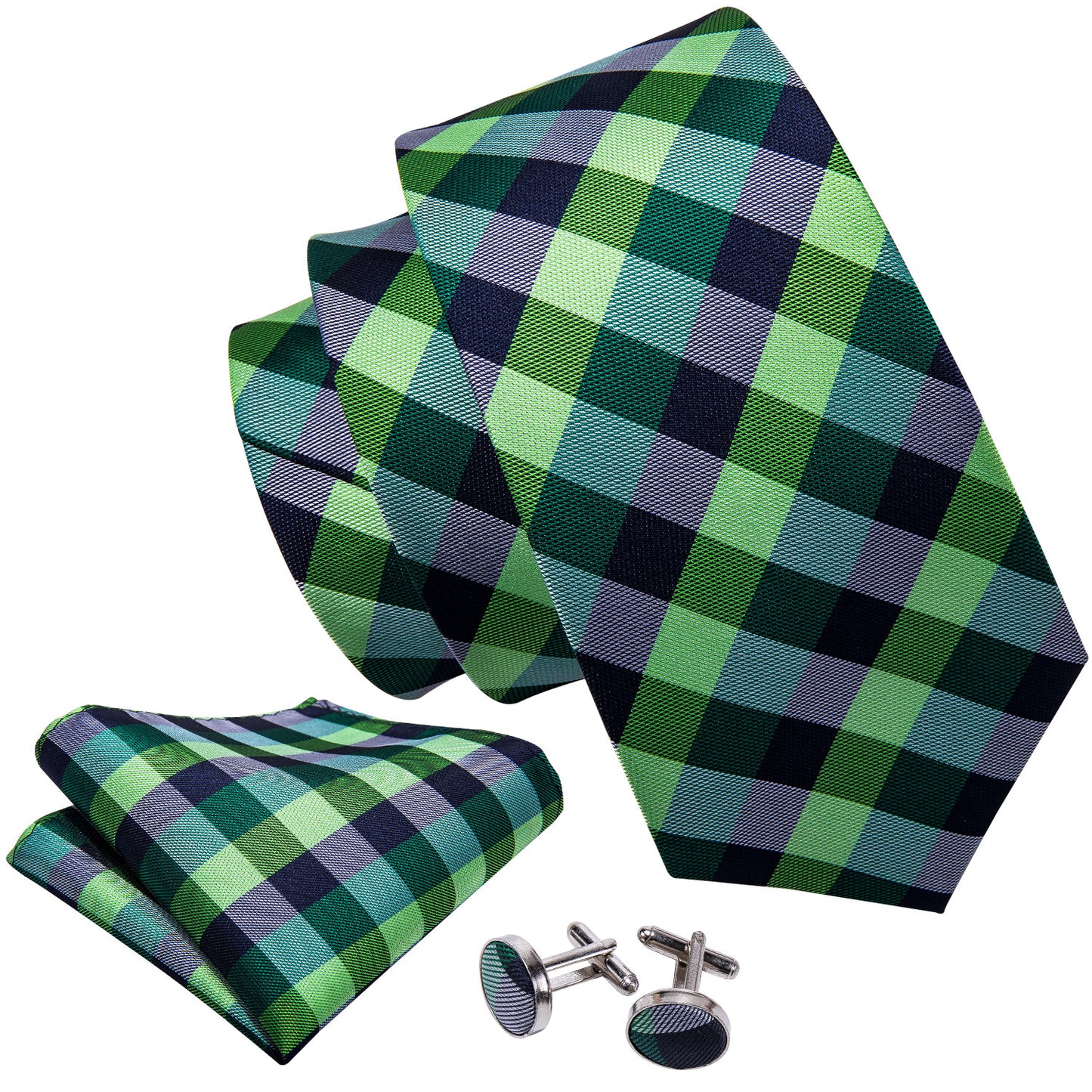 Green, Navy and light blue plaid silk tie set with matching pocket square and  cufflinks displayed together on a white background.”