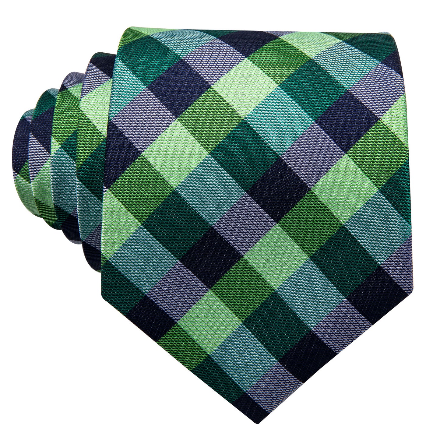 “Green, Navy and Light Blue plaid silk tie rolled flat, showing detailed weave and pattern on a white background.”
