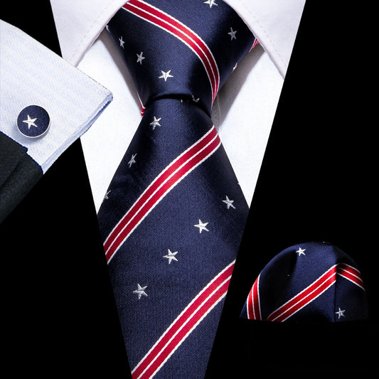 Navy Blue Silk Tie Set with Stars & Red Stripes