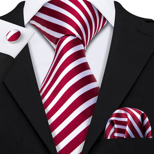 "Premium silk tie set in Red with Silver Diagonal Stripes, including a matching pocket square and cufflinks. Sophisticated and versatile for any occasion. Crafted for timeless elegance."