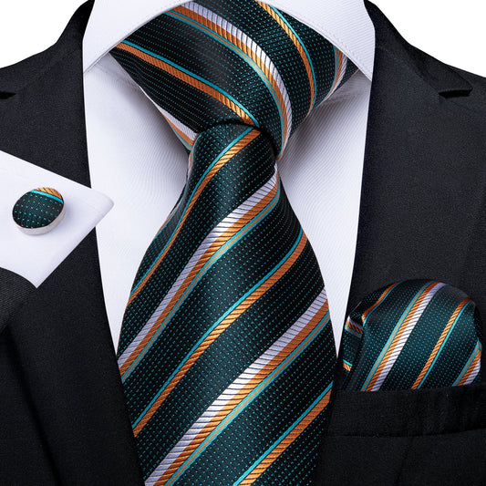Hunter Green Tie Set with Gold and White Lines