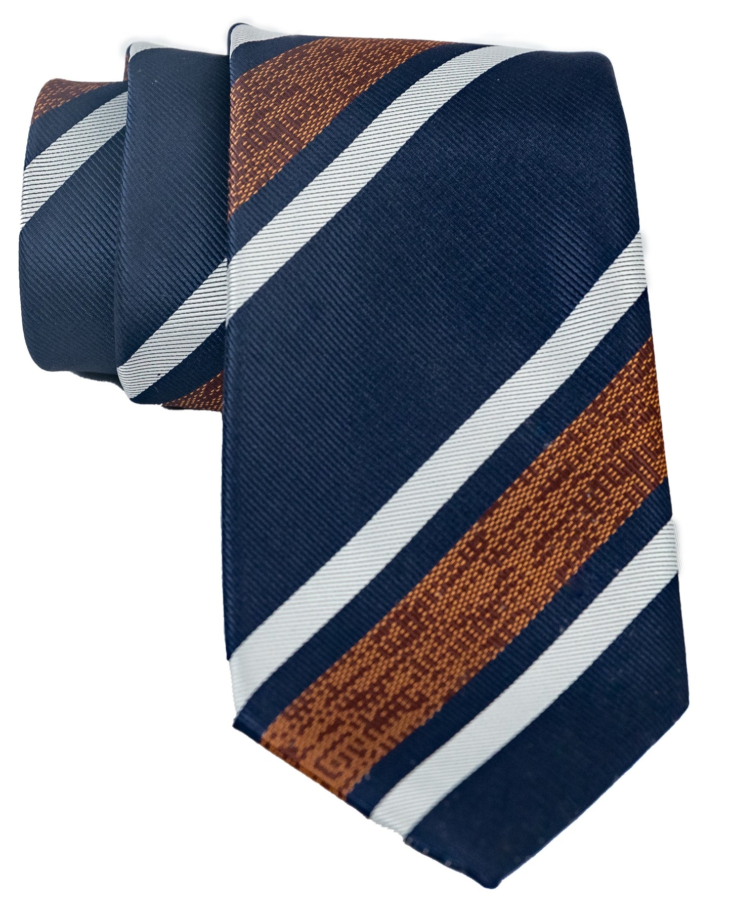 Navy Blue Silk Tie Set with Brown and white diagonal Stripes