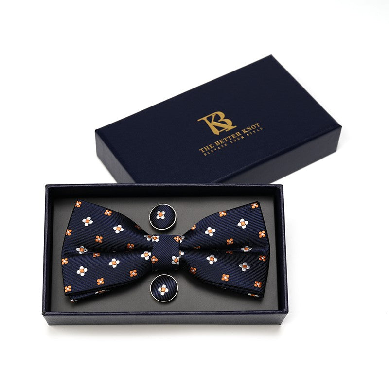 Navy Blue, white, orange Silk Pretied Bow Tie