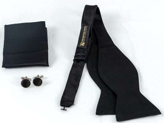 Self-Tie Black Silk Bow Tie Set- Classic Elegance for Any Occasion