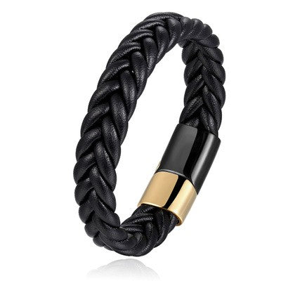 Classic and timeless, this solid black braided leather bracelet is a staple for any wardrobe. 