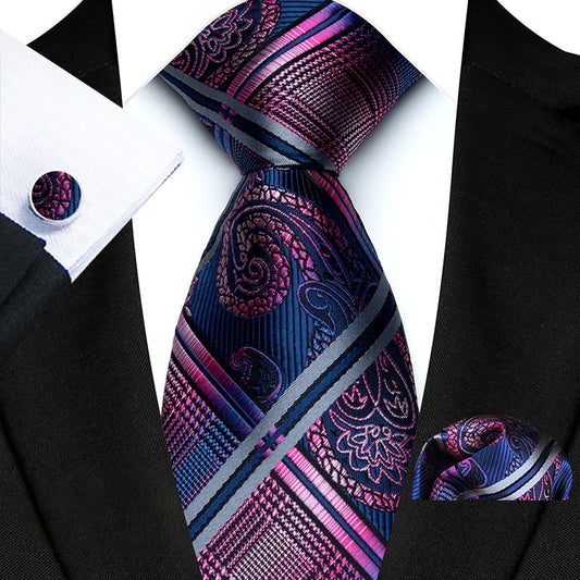 Elevate your professional look with our Purple and Blue Pattern Silk Tie Set. Made with a crisscrossing diagonal double line design, this tie set exudes sophisticated style and elegance. Crafted from high-quality silk, it offers both a luxurious feel and a polished appearance. Elevate your wardrobe today with this must-have accessory.