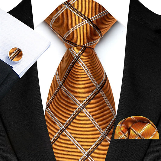 Gold silk Tie Set with White and Black Diagonal Lines