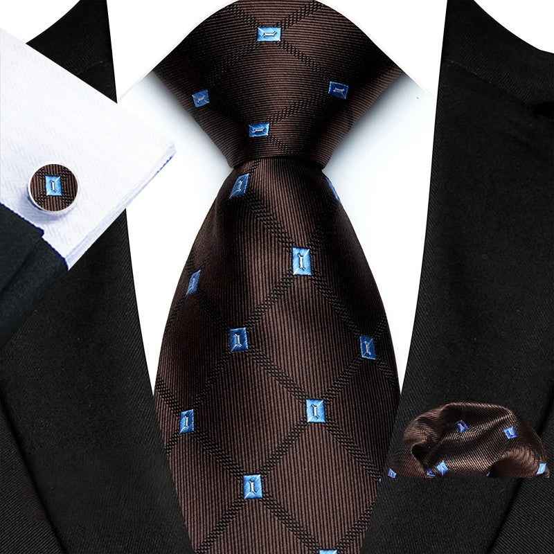 Chocolate Brown Tie Set with light blue Pattern