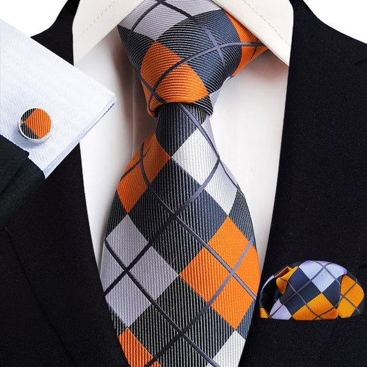 Navy Blue, Light Gray and Orange Pattern Silk Tie Set