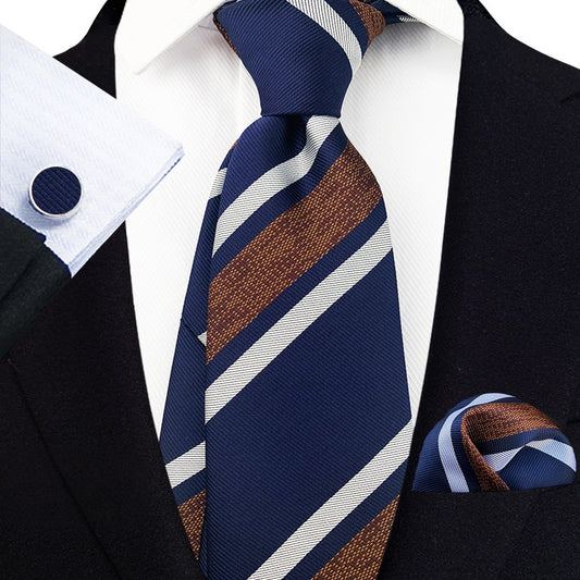 Navy Blue Silk Tie Set with Brown and white diagonal Stripes