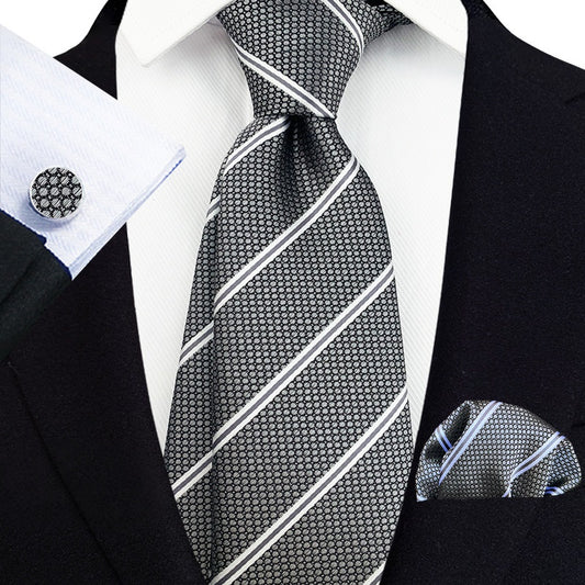 Gray Silk Tie Set with a double thin Diagonal Lines