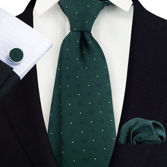 Hunter Green Silk Tie Set with Small Blue and White Design