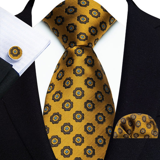 Gold Silk Tie Set with a Geometric Pattern