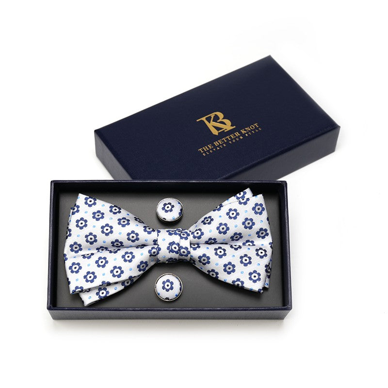 White and Blue silk Pretied Bow Tie Set