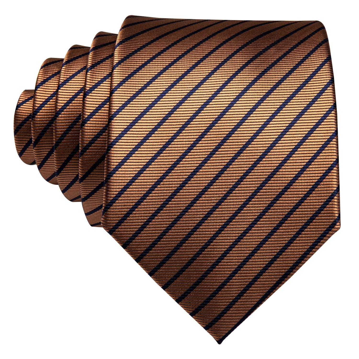 This view is a closer look at the silk copper tie only rolled up for an even closer view of  the diagonal navy blue lines over the rich copper color. Sophisticated and elegance  for any formal or business occasion