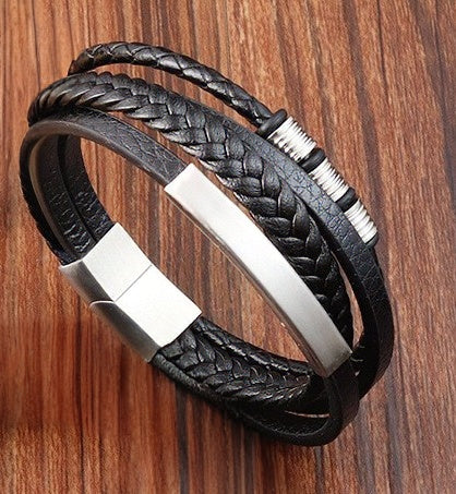 Black Leather four band with silver steel accents Bracelet